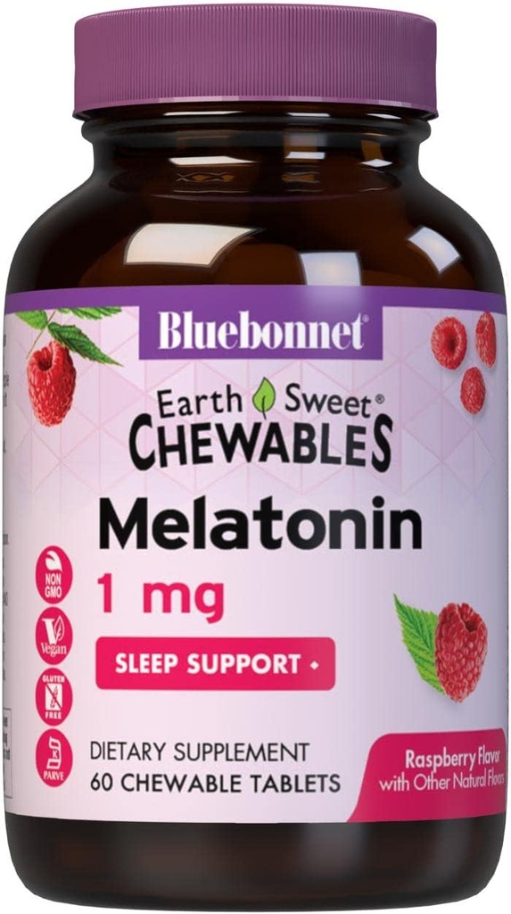 Bluebonnet Nutrition EarthSweet Melatonin 1 mg Hurtigvirkende hurtig opløsning Nighttime Afslapning & Restable Sleep Support - Sleep Aid - Gluten- Free, Vegan - Flavor - Chewable Tablets Hindbær
