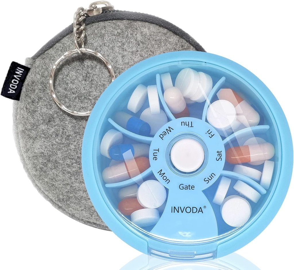 INVODA Weekly Pill Organizer 7 Segment Roterende Pill Box for Daglig Medicin & Vitaminer - Bærbar rejse Pill sag Fish Oil Kosttilskud Vitaminer Organizer (Blå + Bag)