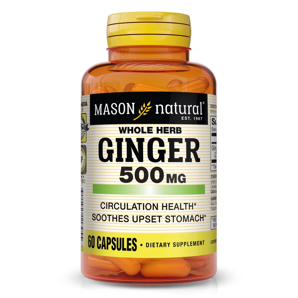 MASON NATURAL Whole Herb Ingefær 500 mg, 2 Måned Supply, Natural Herbal Supplement, 60 Kapsler