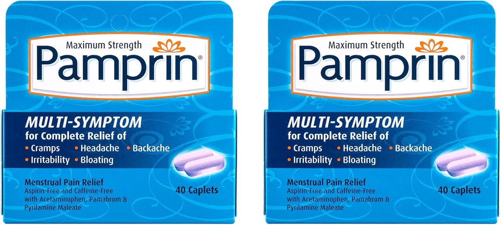 Pamprin Multi- symptom Formel, med Acetaminophen, Menstruelle Periode Symptomer Relief herunder kramper, smerte, irritabilitet og bloating, 40 kapsler (pakke med 2)