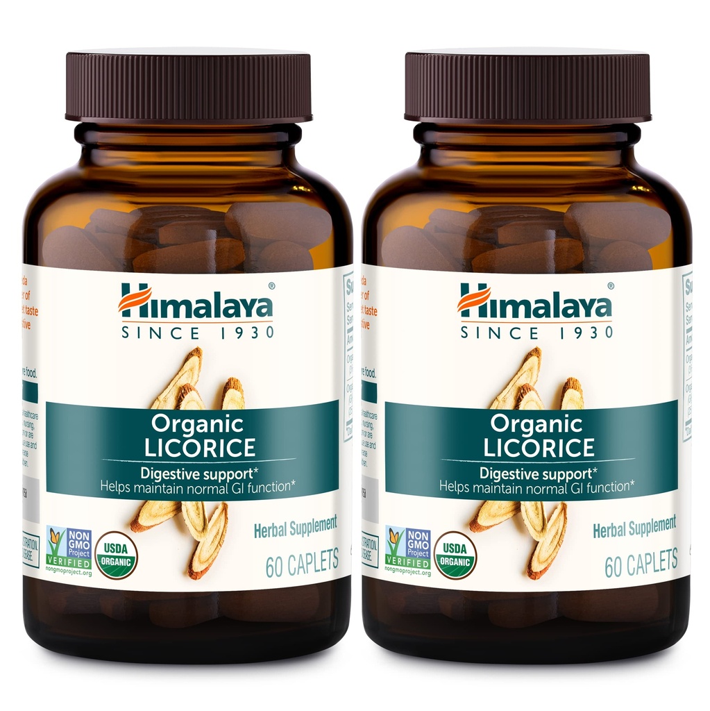 Himalaya Organic Lakrids, 120 Day Supply - Digestive Health Supplement for Opsat Mave, Lejlighedsvis Bloating and Heartburn - USDA Organic, Vegan, Non- GMO, Non- DGL, Gluten Free, 60 Caplets, 2 Pack