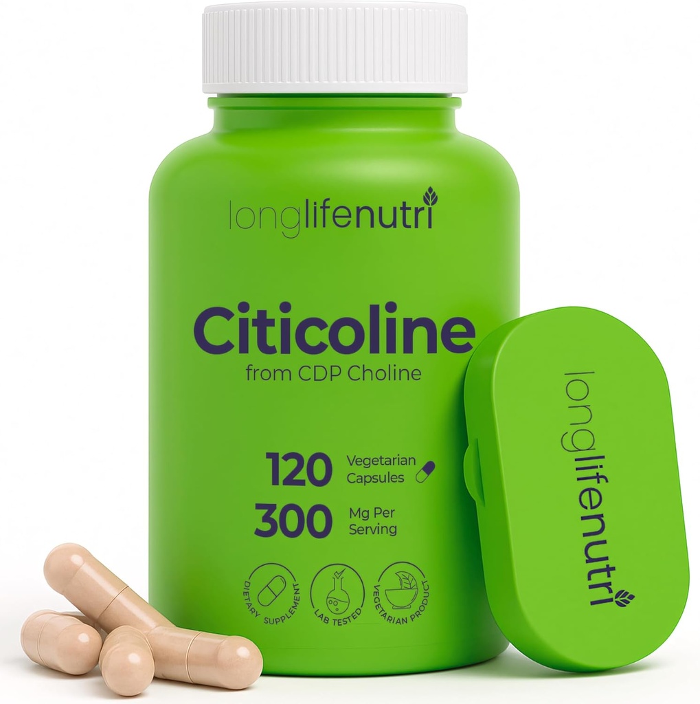 LongLifeNutri Citicolin (CDP - Cholin) 300 mg, 120 Vegetariske Kapsler, 4- Måned Supply, GMP Certified, Made in USA