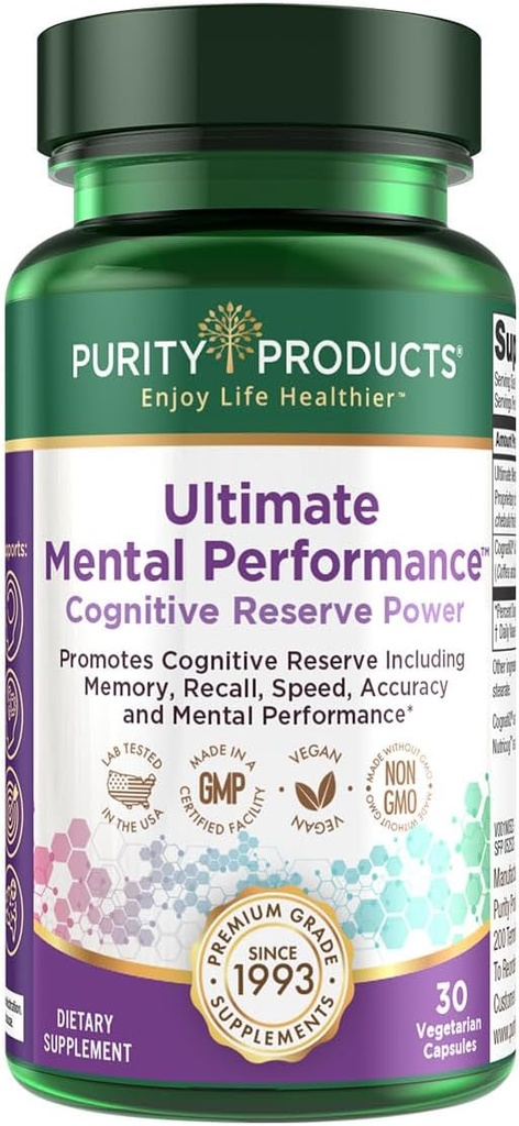 Renhed Produkter Ultimate Mental Performance Understøtter Memory Recall, Mental Focus + Mere - Nootrop Powerhouse ft. Patenterede botaniske plantbaserede ingredienser - Vegan & Non- GMO - 30 Veggie Caps