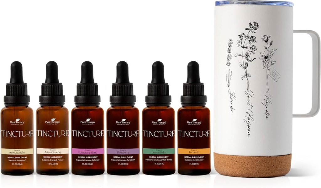 Plant Terapi Total Tinktur Pakke omfatter 30 ml Hver af Organic Ashwagandha, Asian Ginseng, Echinacea Blend, Elderberry, Lemon Balm, Gurkemeje & Rejse Mug