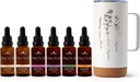Plant Terapi Total Tinktur Pakke omfatter 30 ml Hver af Organic Ashwagandha, Asian Ginseng, Echinacea Blend, Elderberry, Lemon Balm, Gurkemeje & Rejse Mug