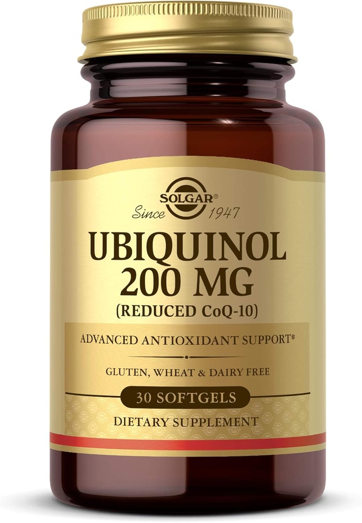 Solgar Ubiquinol 200 mg (reduceret CoQ- 10), 30 Softgel - fremmer hjerte & hjernefunktion - understøtter sund aldring - Coenzym Q10 - Ubiquinone supplement - Gluten Free, Dairy Free - 30 Serveringer, Ikke aromatiseret, standard