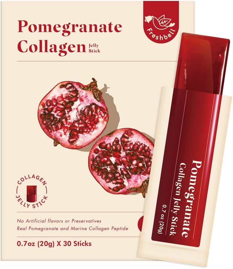 Pomegranat Collagen Jelly Stick (20g x 30 Sticks) Marine Collagen Peptid med 100% Real Spanien Pomegranat - Ingen kunstige flavors - Ingen konserveringsmidler - Ingen tilsat sukker - Easy- to- Absorb