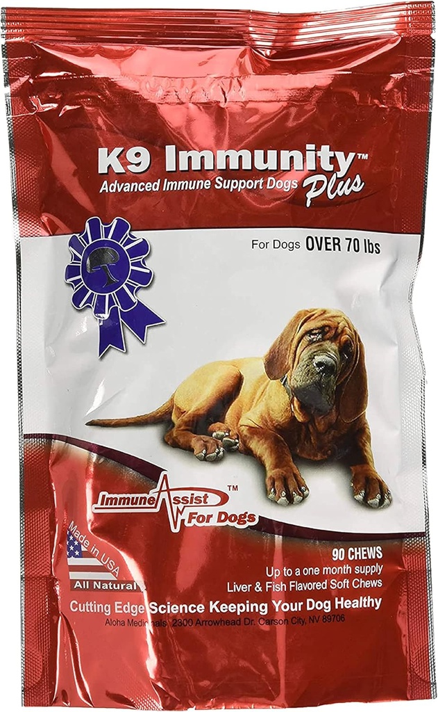 Aloha Medicinals - K9 Immunitet Plus - Potent immunbooster til hunde over 70 pund - 90 bløde tykkere