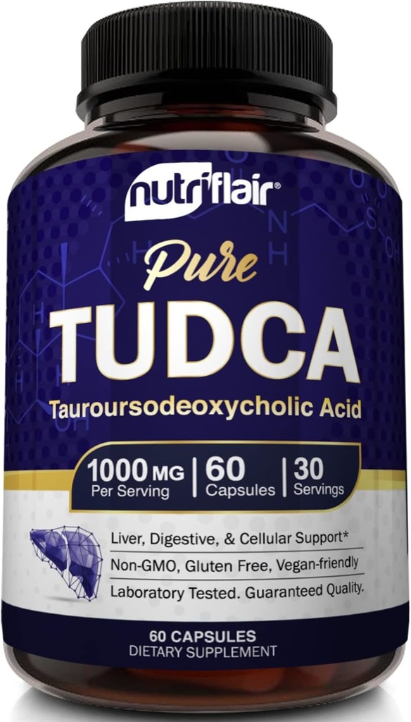 NutriFlair Pure TUDCA 1000mg - Premium Tauroursodeoxycholsyre Bile Salte, Detox & Cleanse, Non- GMO, Gluten- fri. Lever, Nyre & Galleblære Support - Made in USA, 60 Kapsler