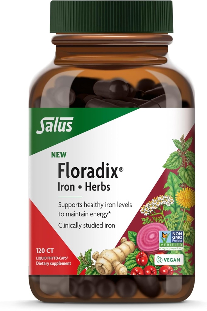 Floradix Iron + urter - jerntilskud til sund energistøtte * - Understøtter dannelsen af røde blodceller - Vegan, ikke-GMO, Gluten- fri, soy- fri - 120 flydende Phyto- Caps
