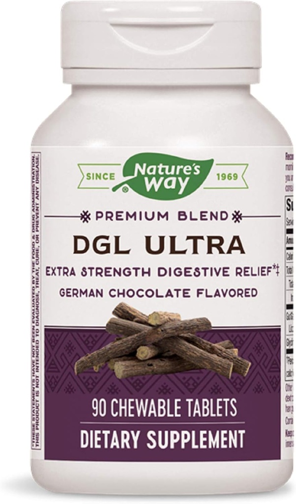 Nature 's Way DGL ULTRA 10: 1 Extra Strength, 75 mg per servering, German Chocolate Flavored, 90 Chewables, Pack of 2 (Packaging May Vary)