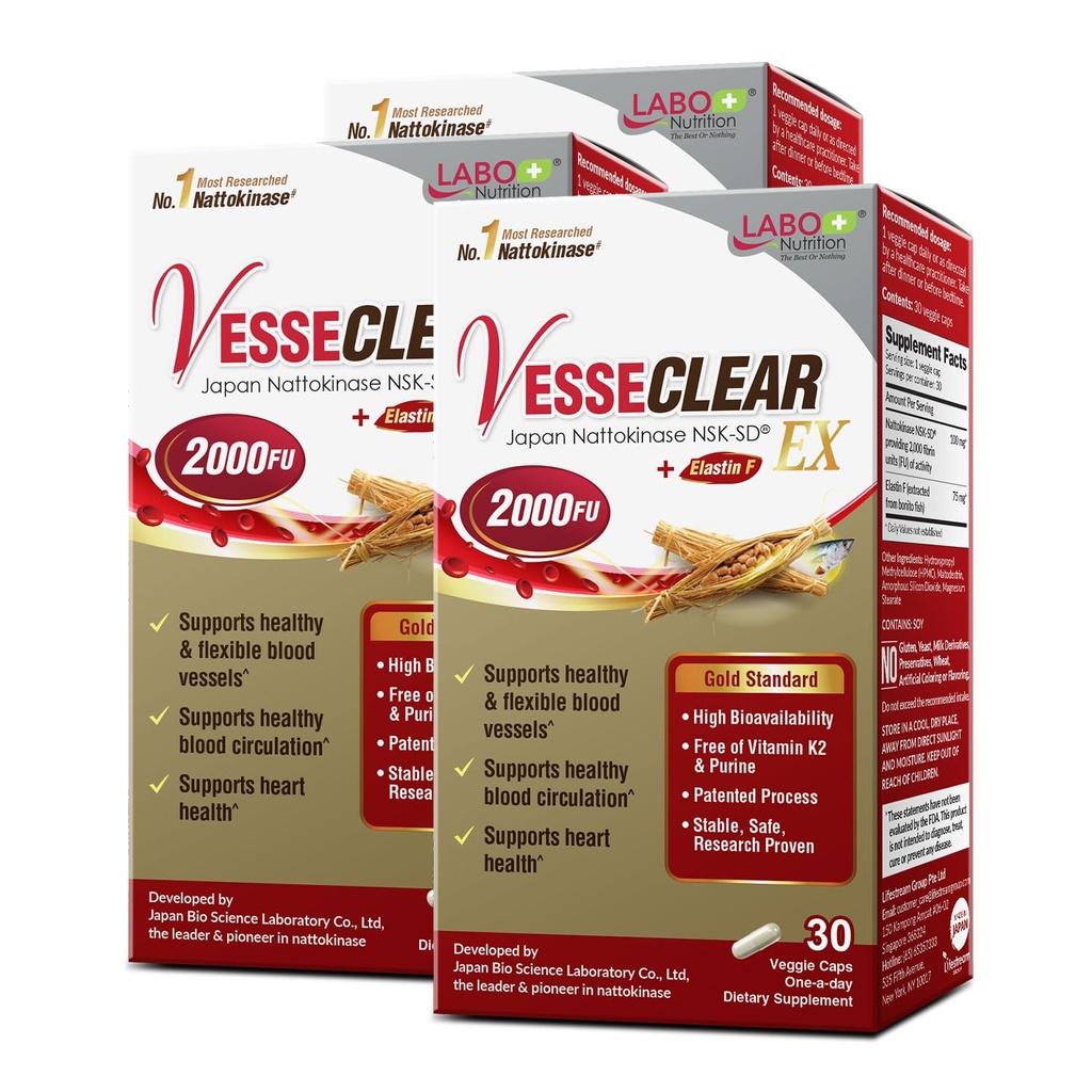 LABO Nutrition VesseCLEAR EX: Natokinase NSK- SD + Elastin F for Clean & Fleksible Blood Vessel. Japans mest klinisk undersøgt, Funktionel dosis, Acid-resistent / forsinket frigivelse kapsler, 90 Greve