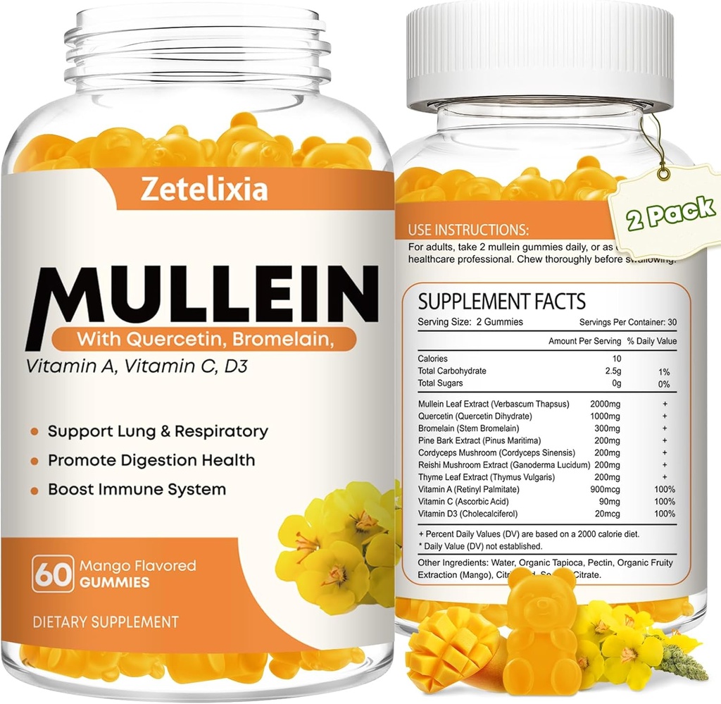 Mullein Gummies for Clear Lungs, 10 i 1 Mullein Leaf Extract for Lungs, Mullein Quercetin Gummies for Lung Cleanse, Luftveje, Immunitet, Mango Flavor, 120 Greve