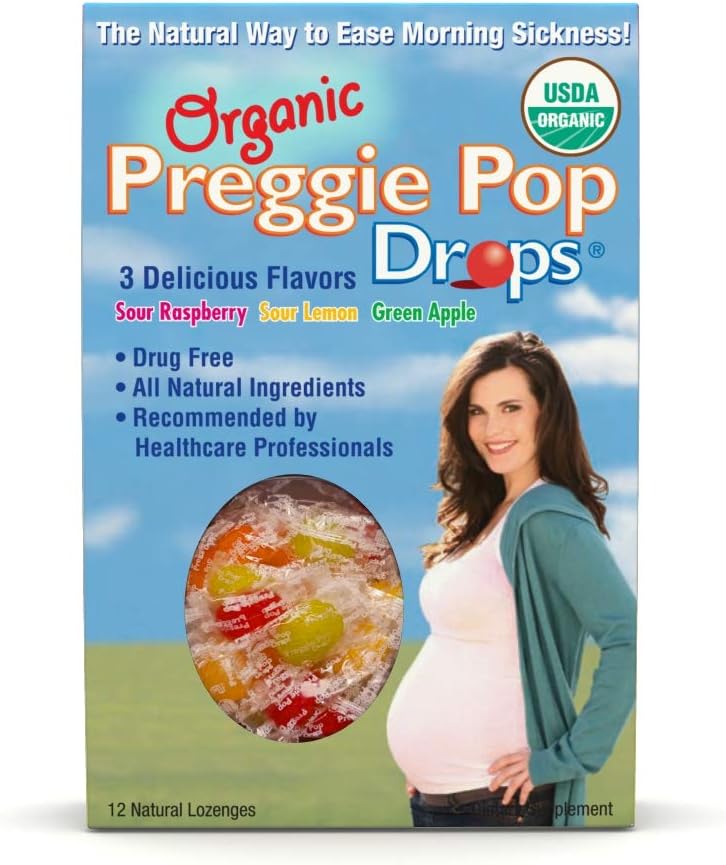 Organic Preggie Drops Measures 124; 12 Drops Hver Measures 124; Morgenkvalme under graviditet Measures 124; Sikker til gravide mor & Baby Measures 124; Gluten Free Measures 124; 3 Flavors: Lemon, Raspberry & Green Apple