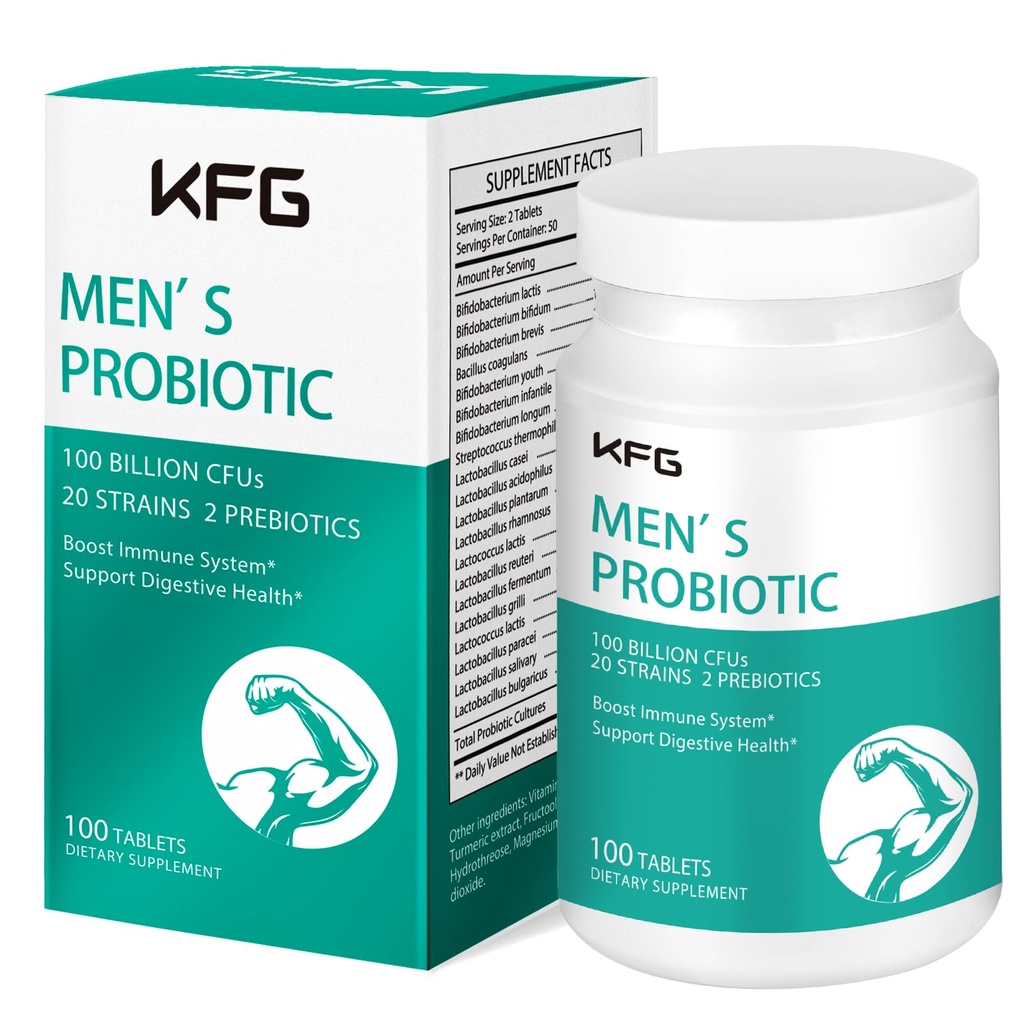 KFG Probiotisk supplement 100 Millioner CFU, 20 Protogs, 2 Prebiotika og fordøjelsesenzymer, understøtter fordøjelse, immunforsvar, Gut Sundhed og Metabolisme, Non- GMO, Gluten & Soy Free, 100 tabletter