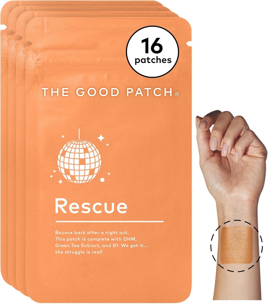 The Good Patch Rescue Recovery Patch, Natural Patch with DHM, Vitamin B1, and Green Tea, Plant-Powered Wearable Wellness, Support After a Night Out (16 Total Patches)