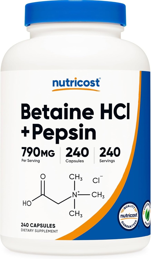 Nutricost Betaine HCl + Pepsin 790mg, 240 Kapsler - Vegetarisk & GMO fri