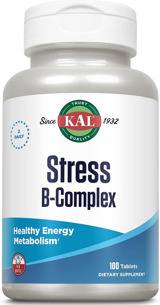 KAL Stress B Complex Vitamin Supplement, Vitamin B Complex for Energy, Stress, Red Blood Cell Formation og immunforsvar, med vitamin B12, B6 og folinsyre, 60- dag garanti, 50 Serv, 100 tabletter