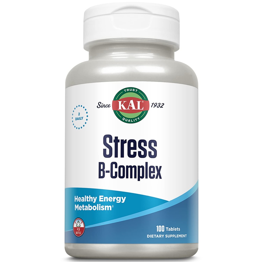 KAL Stress B Complex Vitamin Supplement, Vitamin B Complex for Energy, Stress, Red Blood Cell Formation og immunforsvar, med vitamin B12, B6 og folinsyre, 60- dag garanti, 50 Serv, 100 tabletter