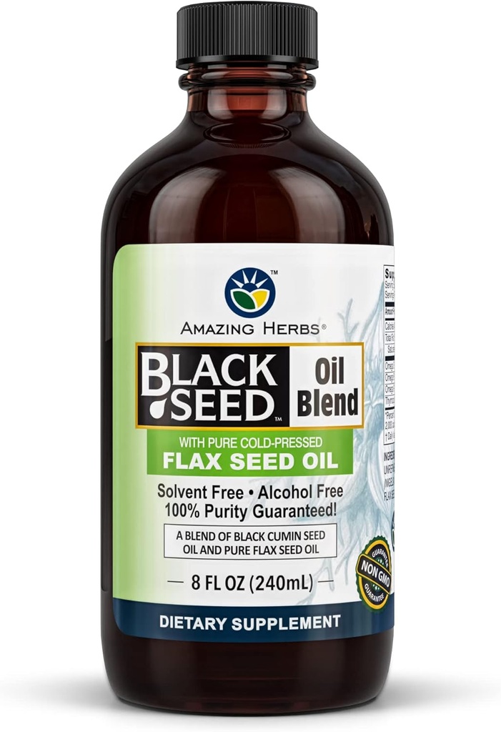 Amazing urter Cold- Pressed Black Seed og hør Seed Oil Blend - Gluten- Free, Non- GMO, Høj i Omega 3, 6, & 9, Understøtter fælles, hjerne, og hjerte funktion - 8 Fl Oz