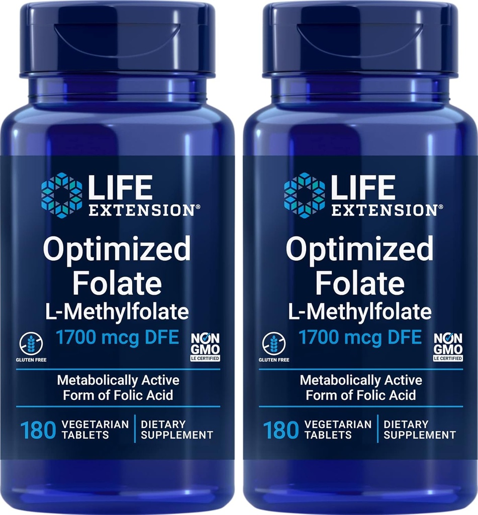 Optimeret folat (L- methylfolat) 1700 mcg DFE, 180 Veg Tablets (pakning med 2)