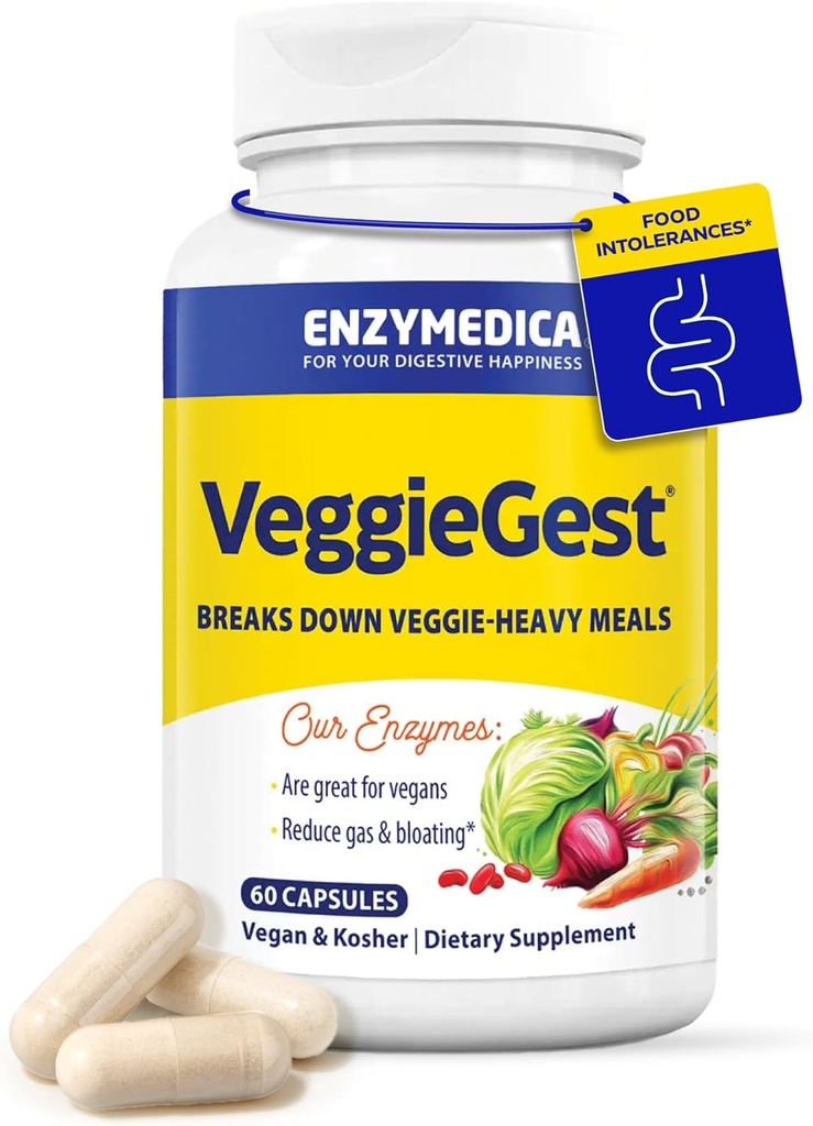 Enzymedica, VeggieGest, fordøjelsesenzymer, Understøtter lejlighedsvis Gas & Bloating Relief fra High Fiber Meals, for Vegan & Vegetar Diets, Enzyme Blend for fordøjelsessygdomme, 60 Greve
