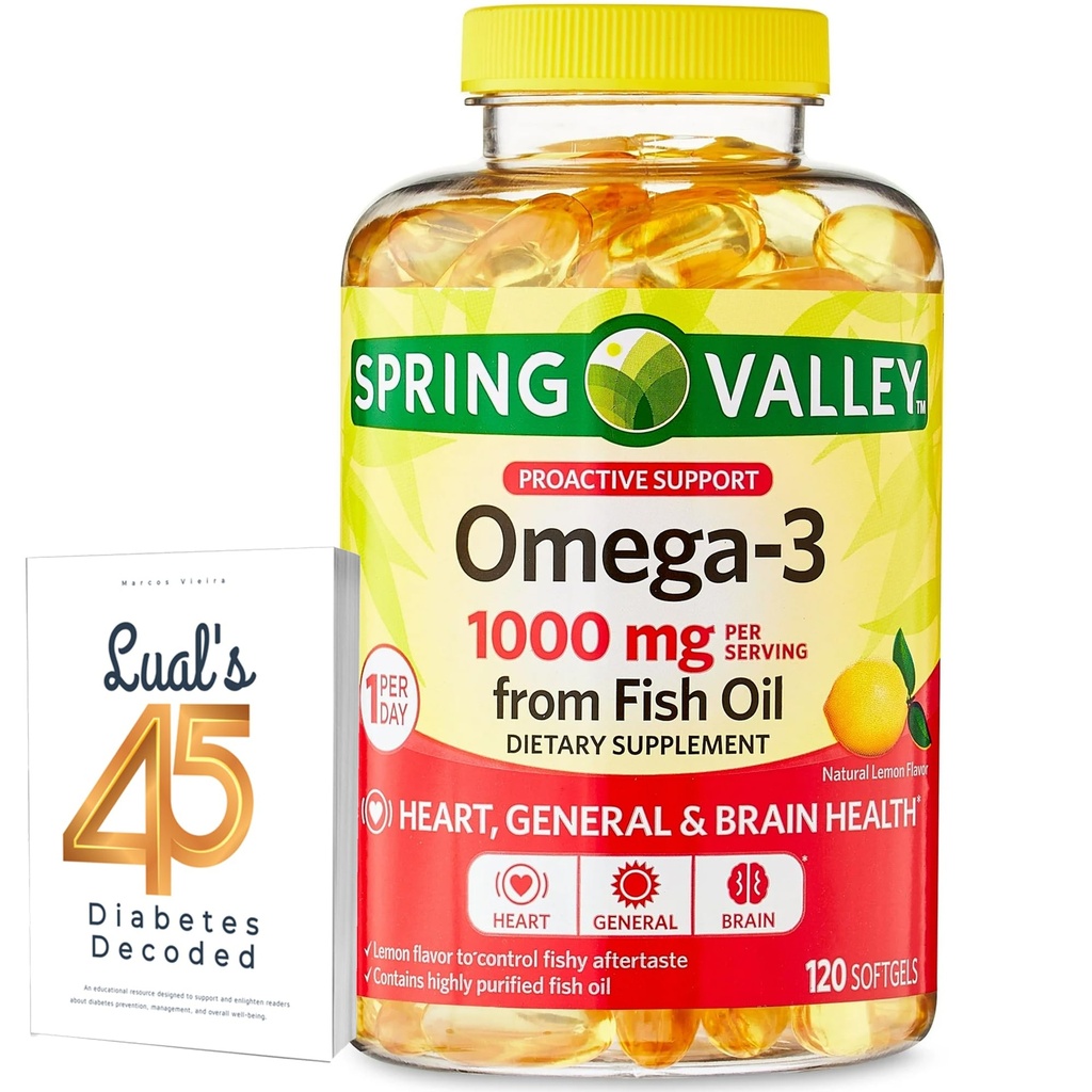 Omega-3 fra Fish Oil Heart General & Brain Health Kosttilskud Softels, 1000 mg, 120 Count Bundle med Lualls 45 Diabetes Decoded