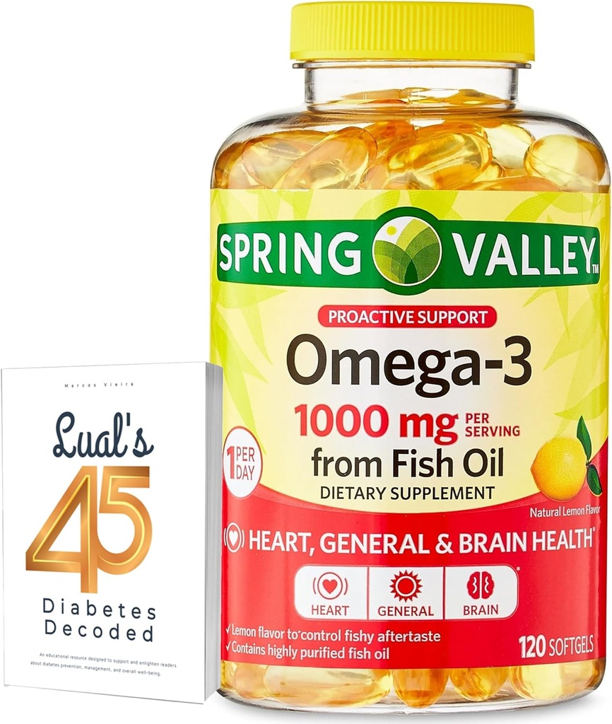 Omega-3 from Fish Oil Heart General & Brain Health Dietary Supplement Softgels, 1000 mg, 120 Count Bundle with Luall's 45 Diabetes Decoded