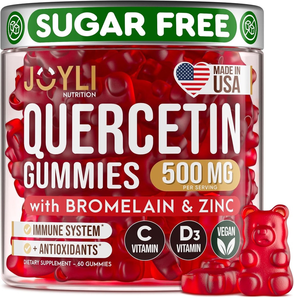 JOYLI Quercetin Gummies - Quercetin med bromelain Zinkvitamin C & D3 - Quercetin Supplement 500MG for immunsystem & allergy - Quercetin for børn og voksne - 60 Quercetin Chewable