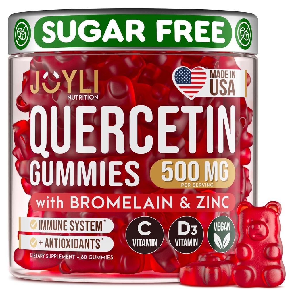 JOYLI Quercetin Gummies - Quercetin med bromelain Zinkvitamin C & D3 - Quercetin Supplement 500MG for immunsystem & allergy - Quercetin for børn og voksne - 60 Quercetin Chewable