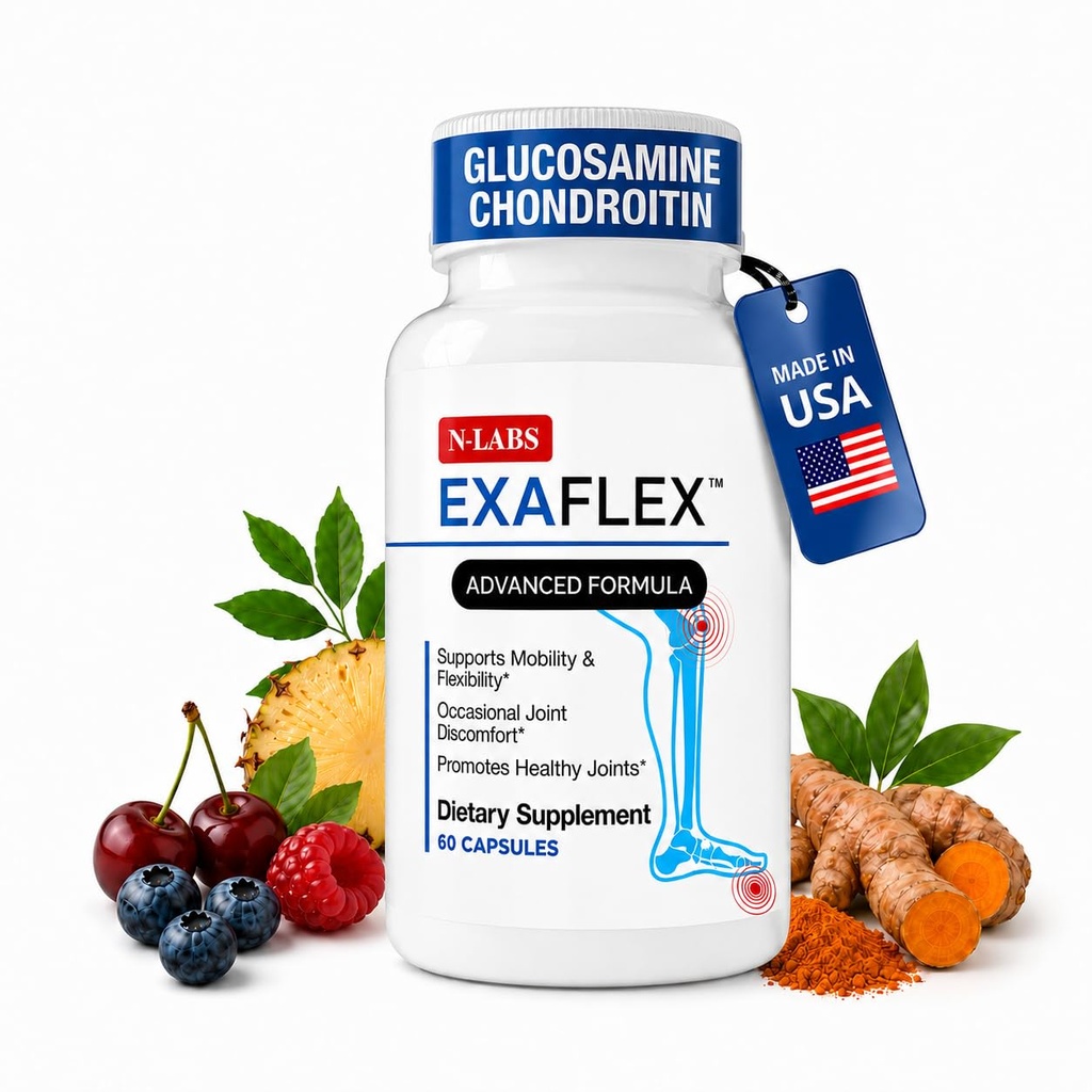 N-Labs ExaFlex Glucosamine Chondroitin MSM, Bromelain Kapsler - Fælles Kosttilskud til mænd og kvinder med Boswellia Extract, gurkemeje og Quercetin - Understøtter fælles sundhed - Lavet i USA - 60 Kapsler