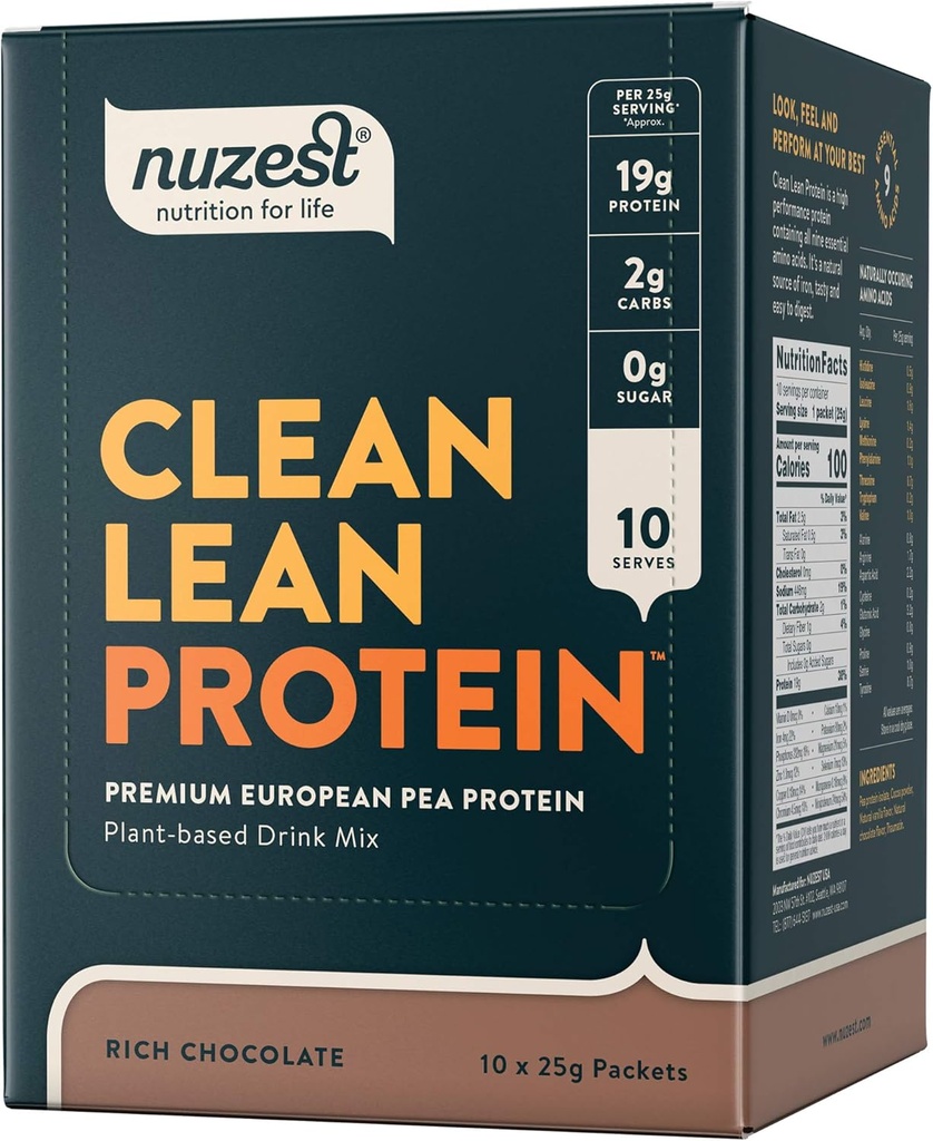 Nuzest - Pea Protein Powder - Clean Lean Protein, Premium Vegan Plant Protein Powder, Dairy Free, Gluten Free, GMO Free, Protein Shake, Rich Chocolate, 0,9 oz, (Pack of 10)