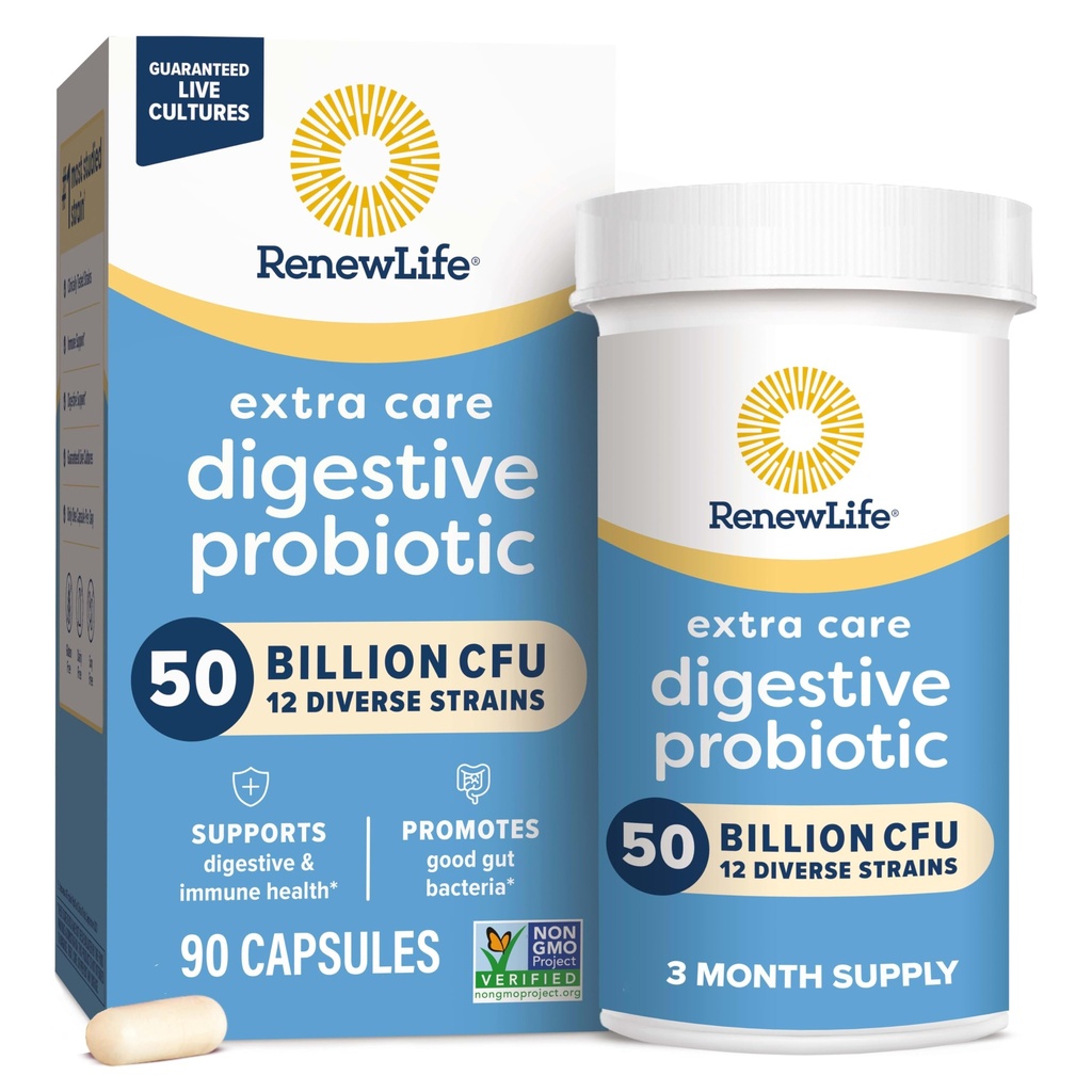 Renew Life Extra Care fordøjelige probiotiske kapsler, 50 Millioner CFU Garanteret, Dagligt tillæg støtter immunforsvar, fordøjelsessygdomme, åndedrætssygdomme (1), L. Rhamnosus GG, Dairy, Soy og Gluten- Free, 90 Greve