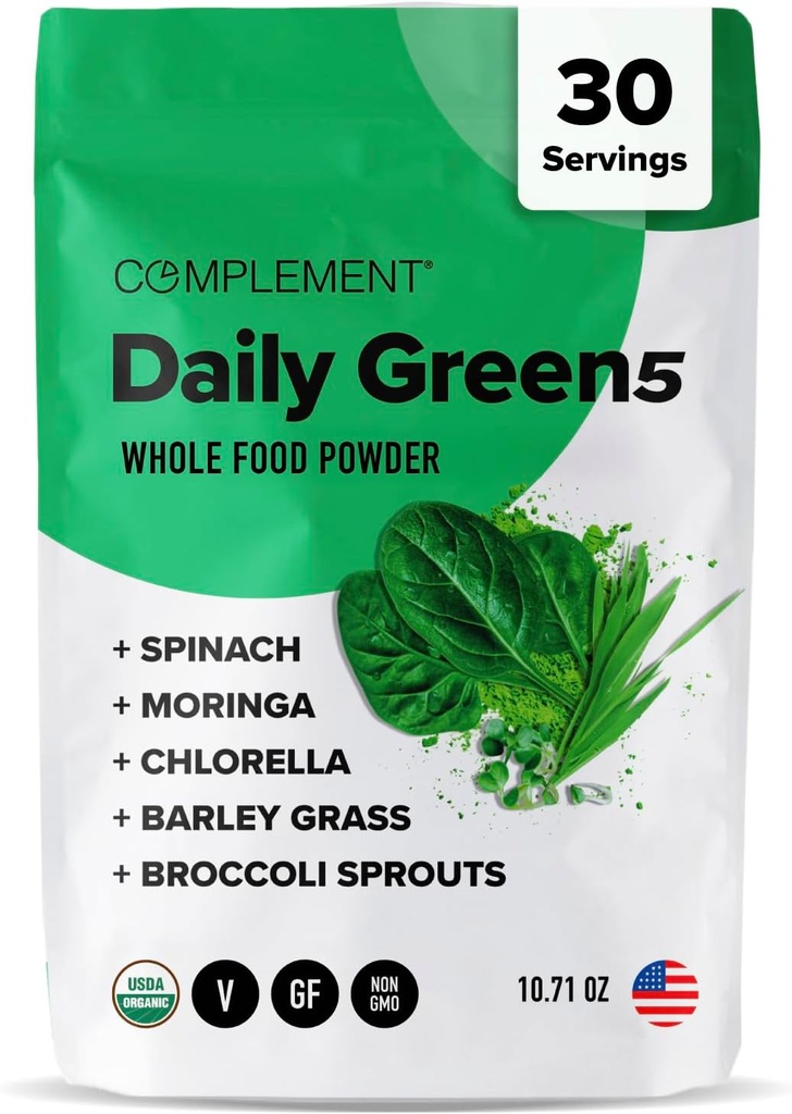 Komplementering Daily Green Powder, Super Green Powder Superfood-Wholefoods, Organic Chlorella Powder, Barley Grass Juice Powder, Broccoli Sprutter- Immunsupport, Brain Health, Metal Detox- 30 Servering