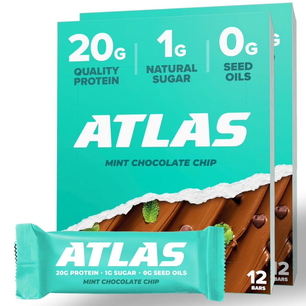 Atlas Protein Bar, 20g Protein, 1g Sukker, Rene ingredienser, Gluten Free, Mint Chocolate Chip (12 greve, pakke af 2)