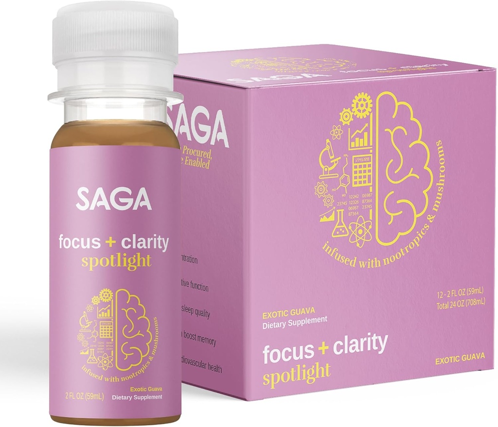 SAGA Organic Focus Shots - 124; Indeholder Nootropics, Adaptogens, & Mushrooms - Bacopa & Ashwagandha - 124; Høj biotilgængelighed & Fast Onset - 124; Ingen Jitters & Boosts Produktivitet - 124; Exotic Guava 2oz Shots (12- Pack)