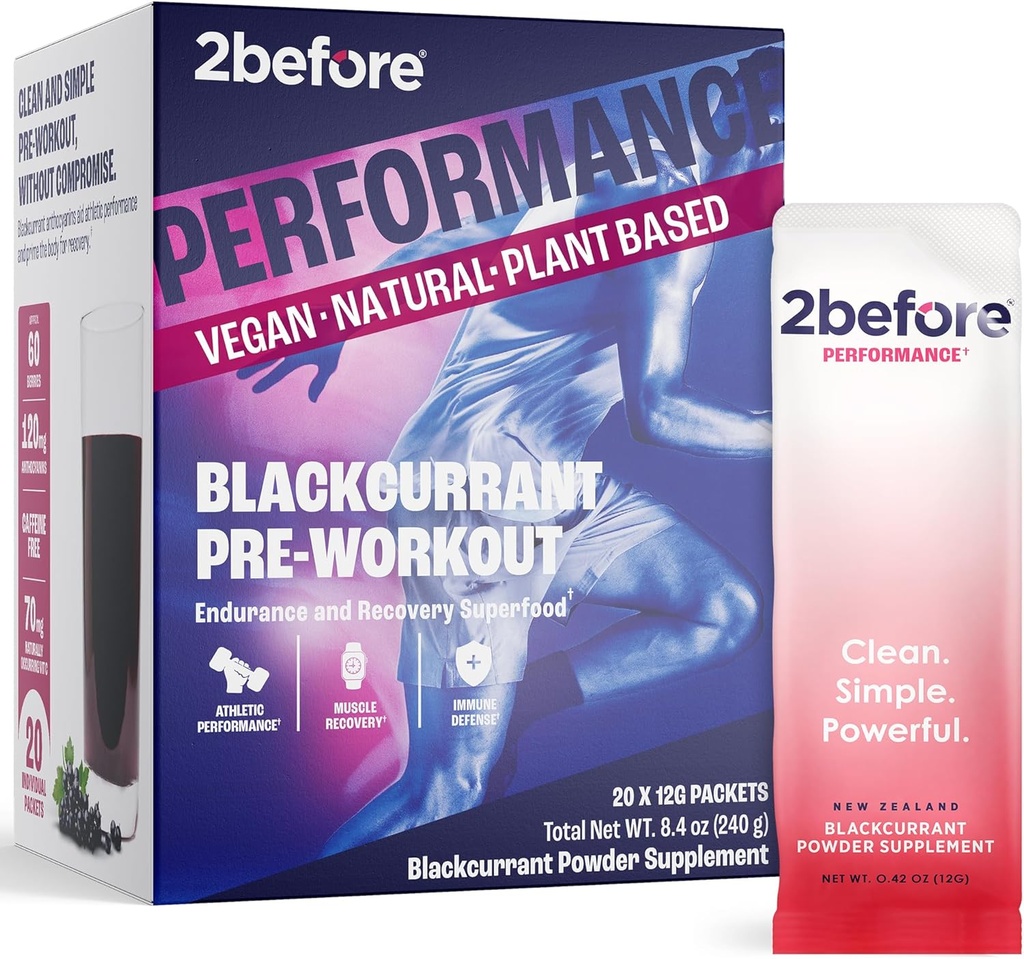 2before Blackcurrant I All Natural Vegan Pre Workout, Caffeine Free I Clean Energy, Endurance, Recovery I Pre Workout Women and Men I 20 x Individual Packets I Informed Sports Certified