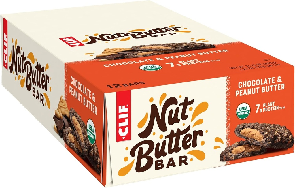 Clif Bar - Nut Butter Bar - Økologisk Snack Barer - Chokolade Jordnøddesmør - Økologisk - Plant Protein - Non-GMO (1.76 Ounce Protein Snack Barer, 12 Greve)