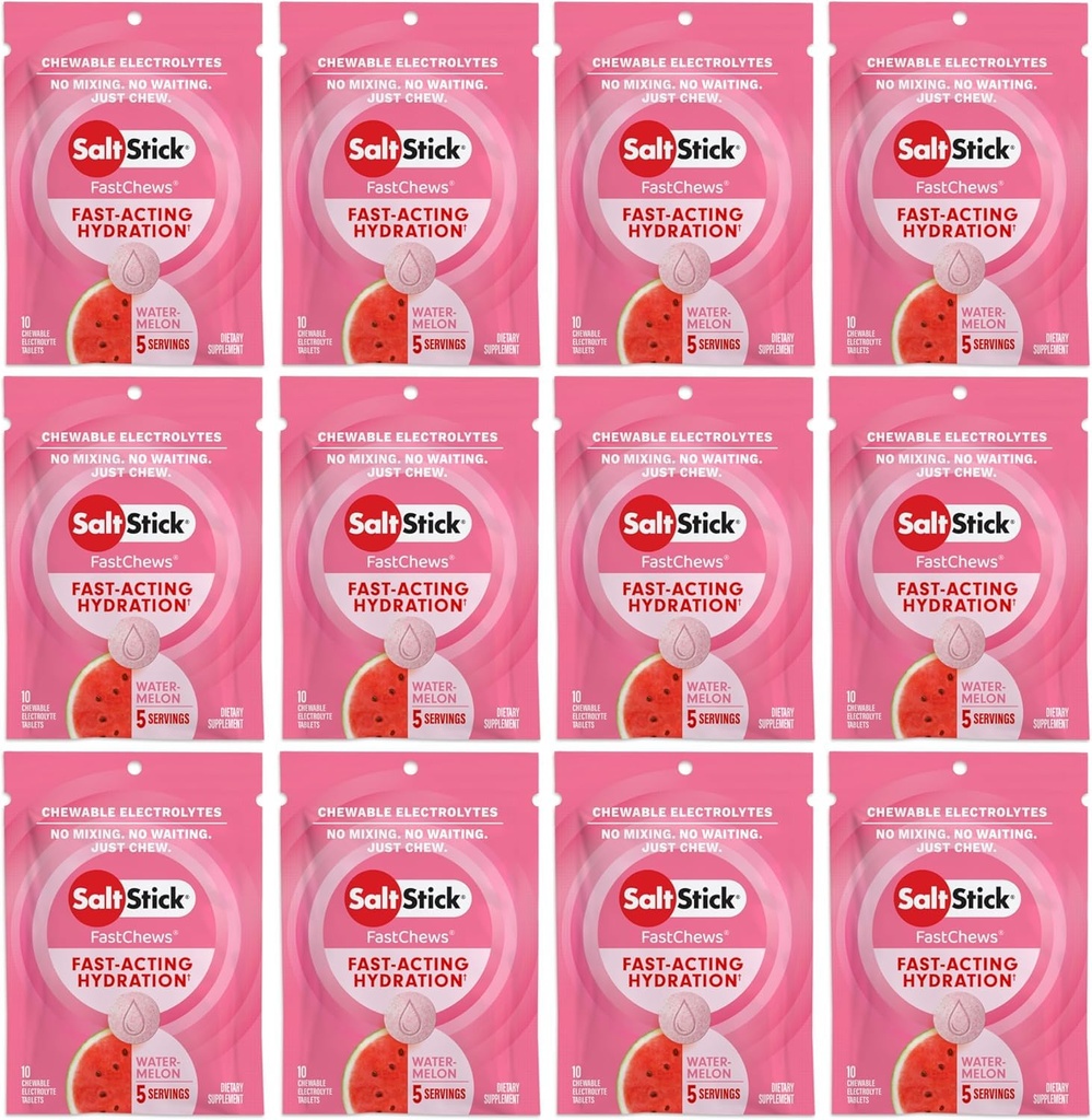 SaltStick Electrolyte FastChews - 120 Count Watermelon Flavor - Electrolyte Tablets for Hydration, Salt Tabs - 10 Count (pakke med 12)