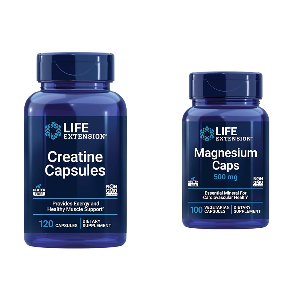 Life Extension Creatinin Capsules 120 Count & Magnesium Caps 500mg 100 Count - Muscle Strength, Heart Health