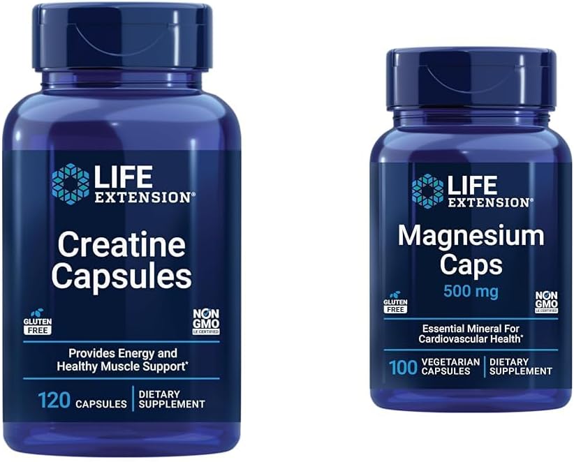 Life Extension Creatinin Capsules 120 Count & Magnesium Caps 500mg 100 Count - Muscle Strength, Heart Health