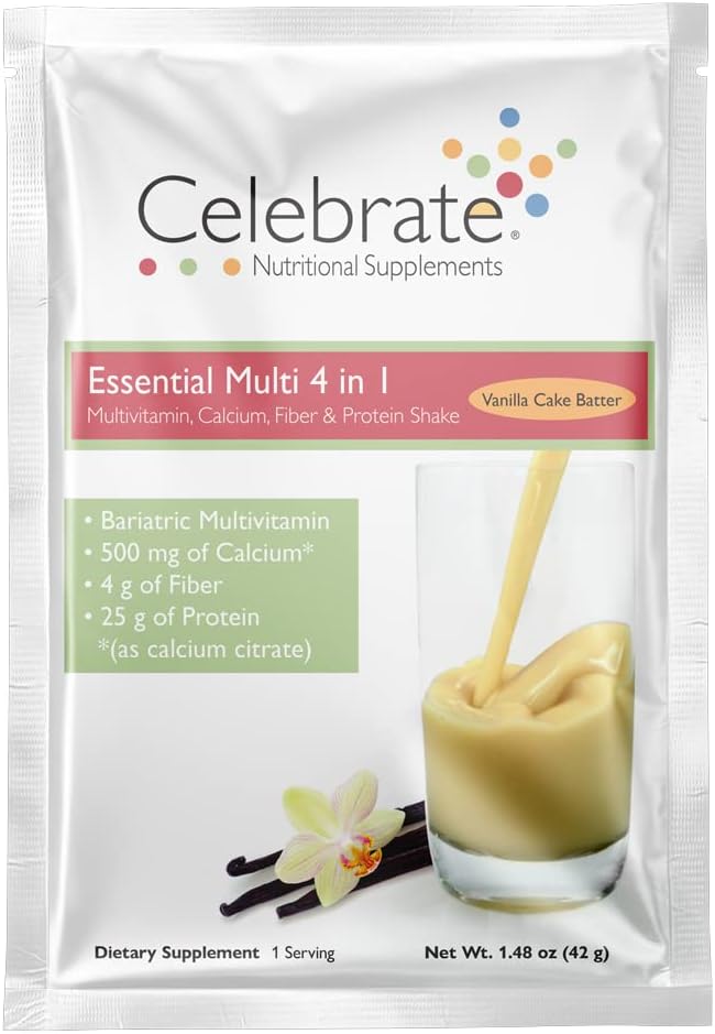 Fejre Vitaminer 4-in-1 Bariatric Multivitamin med Calcium Citrate Protein Shake, 500mg Calcium, for Post Bariatric Kirurgi, Vanilla Cake Batter, 15 Single Serve Packets