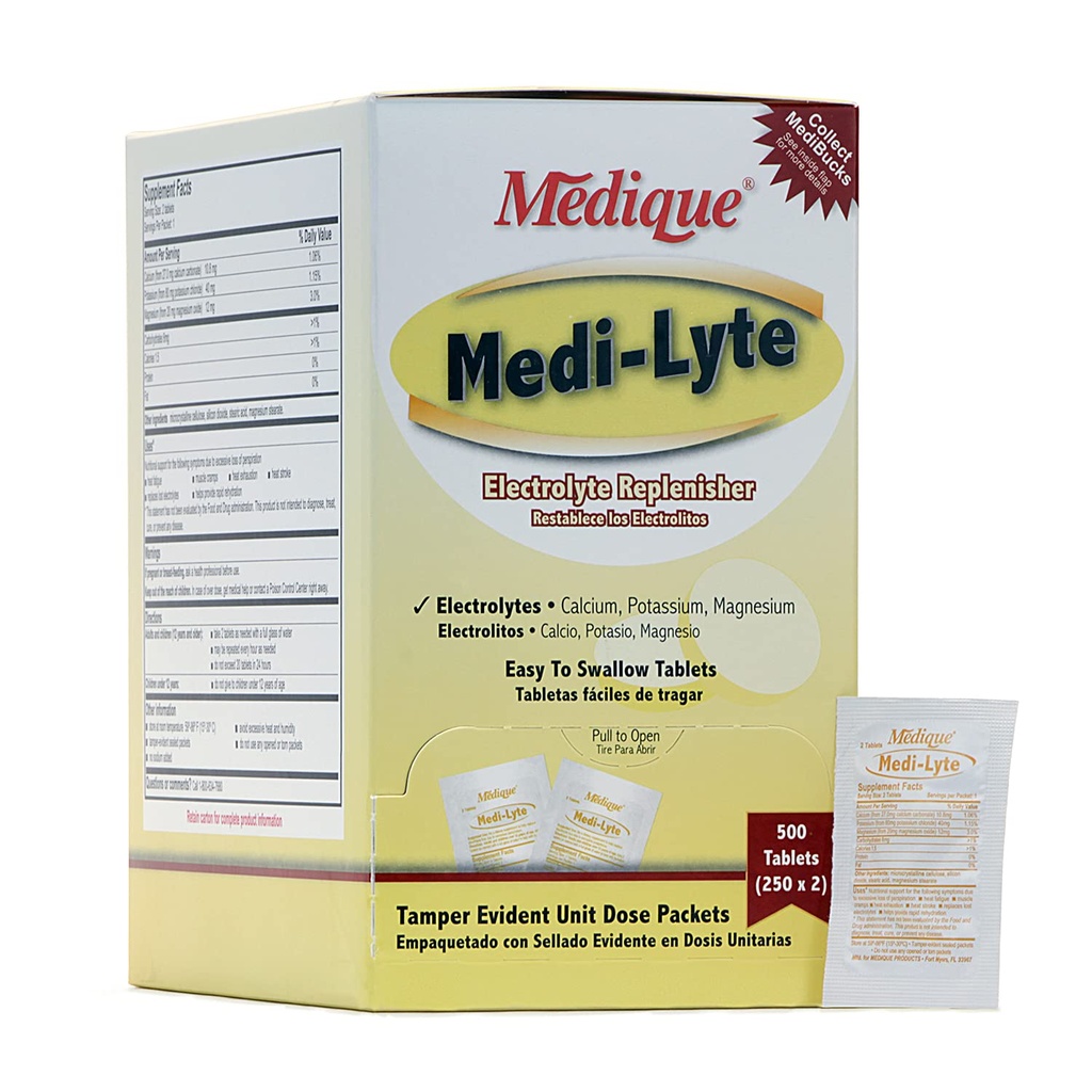 Medique Medi- Lyte Electrolyte Replenisher, Hurtig lindring fra varme, stress, træthed og muskelkramper, nemme at synke tabletter, 500 tabletter (250 x 2)
