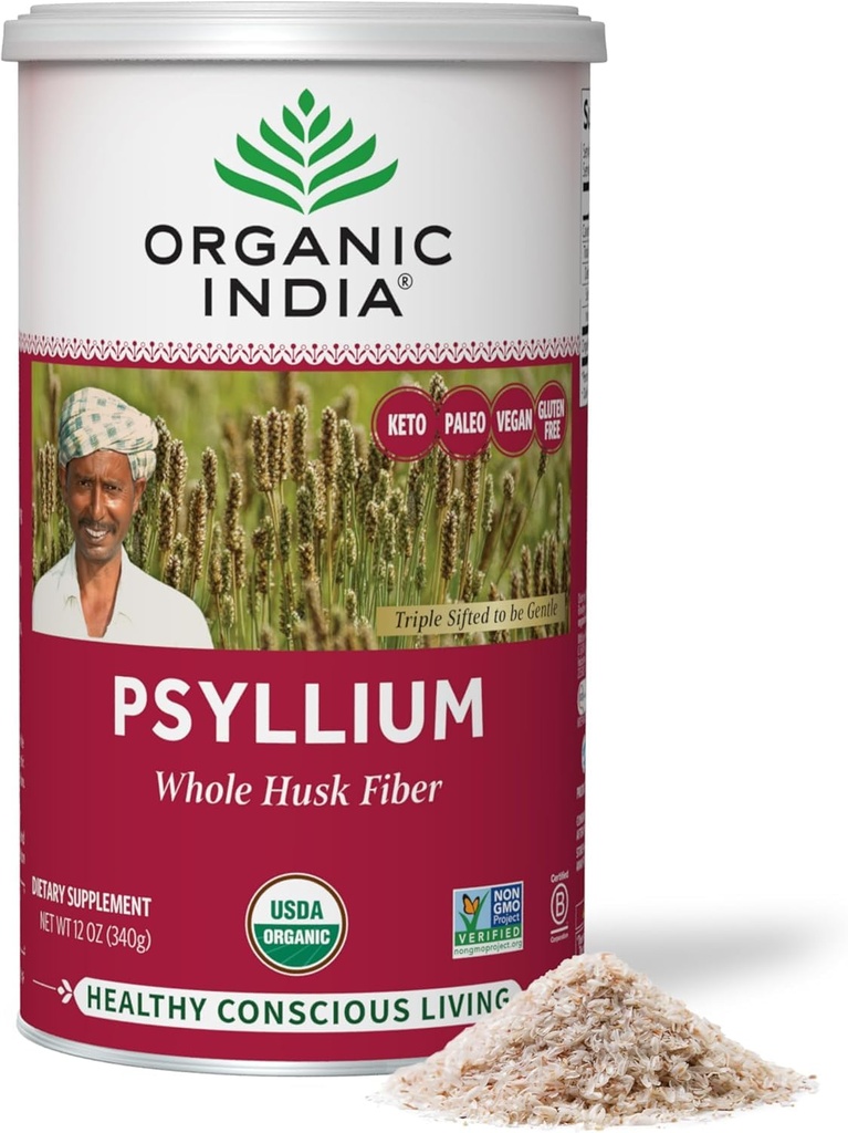 ORGANISK INDIA Hele Psyllium Husk Powder Organic - Psyllium Husk Fiber Supplement, fordøjelsesstøtte, Vegan, Glutenfri, Non- GMO, Opløselig & Uopløselig Fiber Kilde - 12 oz (pakke med 1)