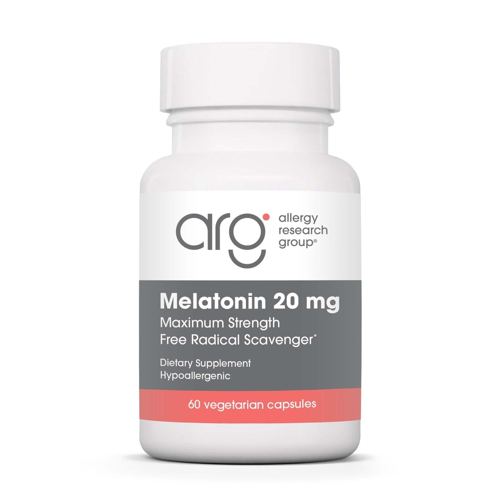 Allergy Research Group Melatonin 20mg - Pure Melatonin, Ekstra styrke til voksne, Søvnhjælp, Høj dosis, Vegetariske kapsler - 60 Greve