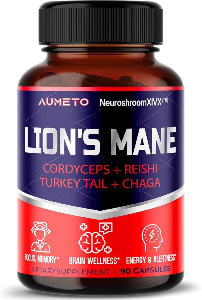 Lions Mane Supplement Capsules 40% Polysaccharides with Cordyceps, Reishi, Turkey Tail, Chaga Mushroom Complex - Caffeine-Free 18 in 1 Brain Supplement for Memory and Focus