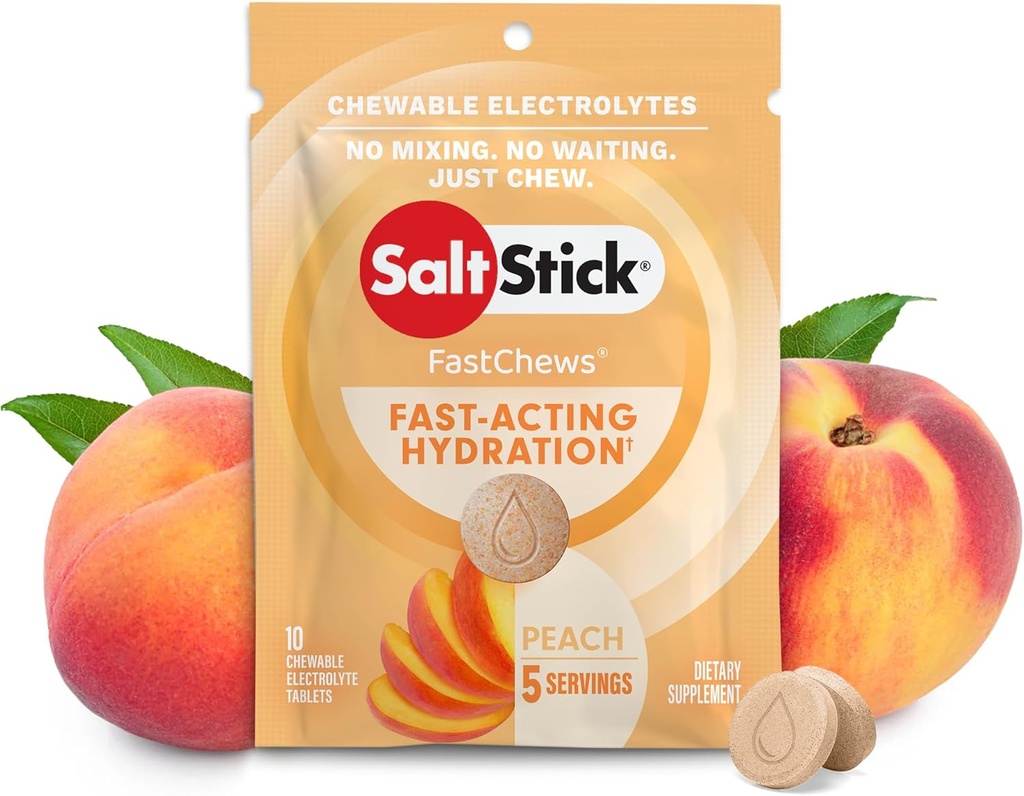 SaltStick Fasttysh Electrolyte Erstatningstabletter til Rehydrering, Pakke med 10 tabletter, Peach, 10 greve (7201761)
