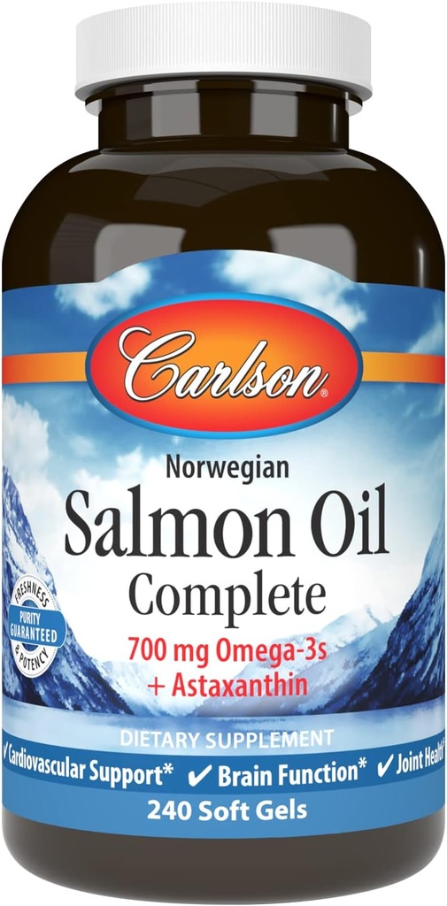 Carlson - Salmon Oil Complete, 700 mg Omega- 3s + Astaxanthin, Cardiovaskulær Support, Brain Function & Joint Health, Norwegian, 240 Softgels