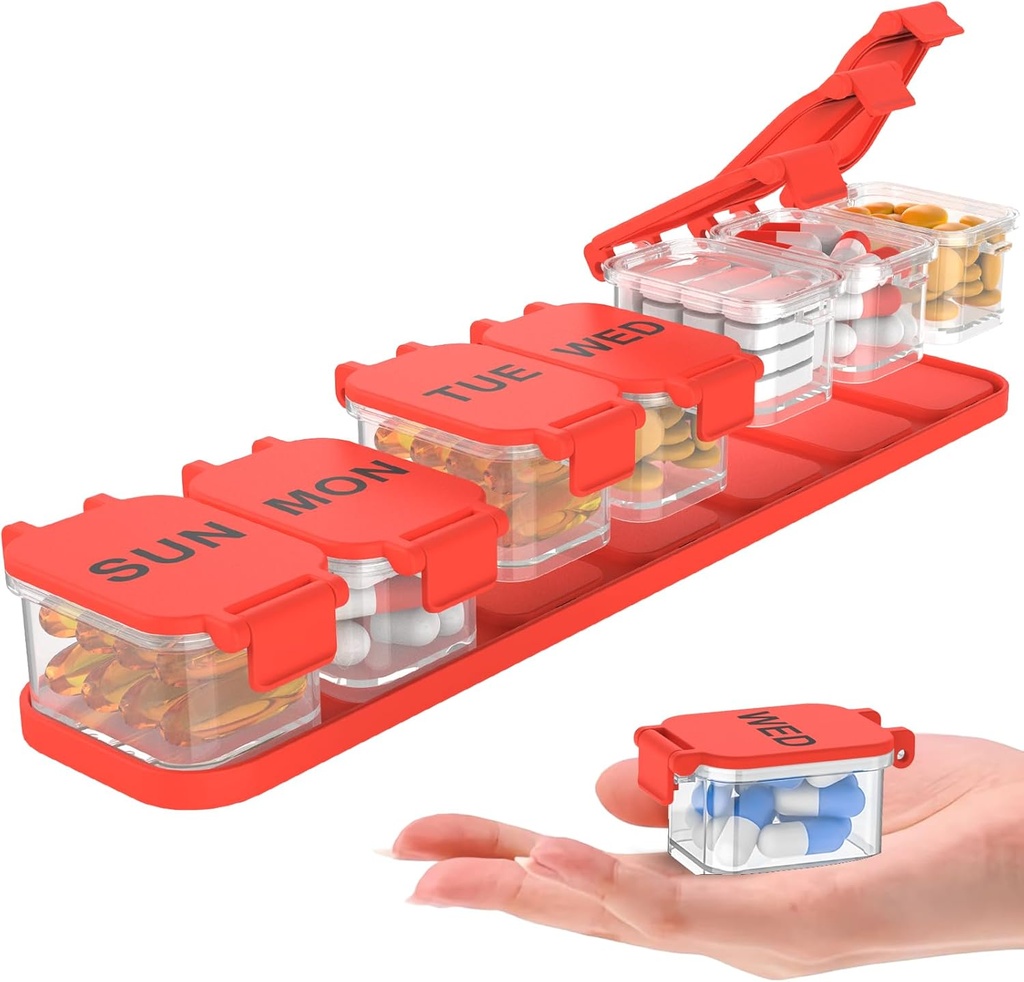 Ekstra Stor Ugentlig Pill Organizer - Vandtæt 7-Day Pill Box, Bærbar Vitamin & Supplement Case, Let at åbne design, Ideel til rejse en nd Daily Medication Management (rød)