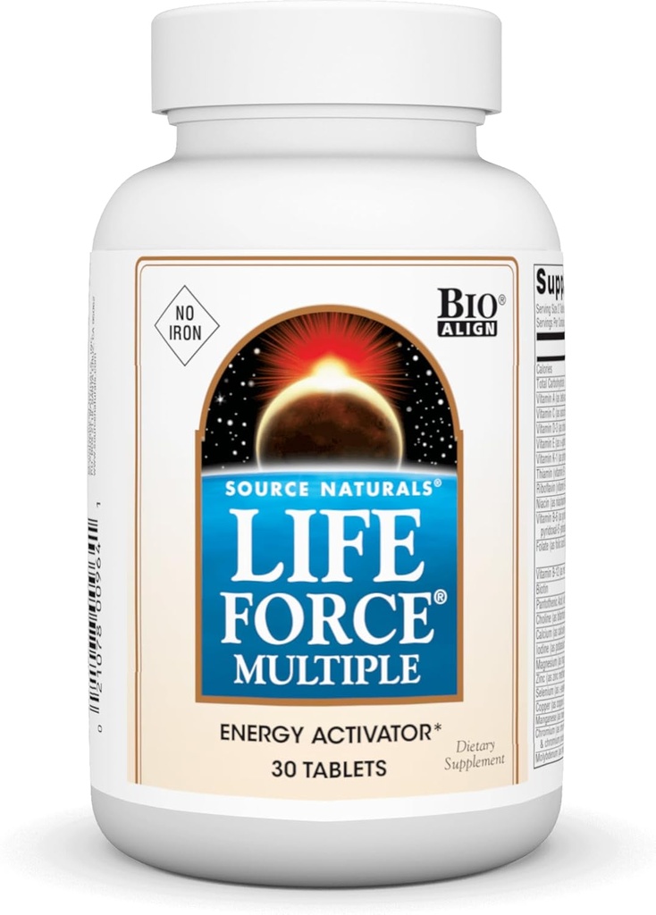 Source Naturals Life Force Multiple Iron Free Daily Multivitamin High Potency Essentielle Vitamin, Mineraler, Antioxidanter & Nutrienter - Energi & immunboost - 30 tabletter